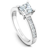 A Noam Carver white gold engagement ring with a princess cut centerpiece and 14 diamonds.