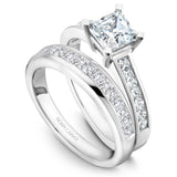 A Noam Carver white gold engagement ring with a princess cut centerpiece and 14 diamonds.