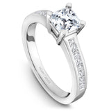 A Noam Carver white gold engagement ring with an asscher cut centerpiece and 14 diamonds.