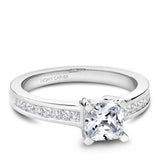 A Noam Carver white gold engagement ring with an asscher cut centerpiece and 14 diamonds.