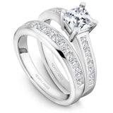 A Noam Carver white gold engagement ring with an asscher cut centerpiece and 14 diamonds.