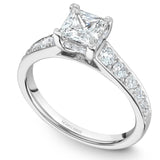 A Noam Carver white gold engagement ring with a princess cut centerpiece and 24 diamonds.