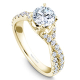 A Noam Carver yellow gold engagement ring with a twist band and 32 round diamonds.