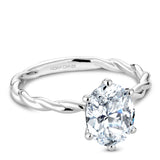 A Noam Carver white gold engagement ring with a twist band and an oval center diamond.