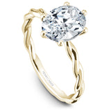 A Noam Carver yellow gold engagement ring with a twist band and an oval center diamond.