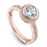 A Noam Carver rose gold engagement ring with 52 diamonds and milgrain detailing.