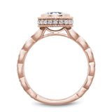 A Noam Carver rose gold engagement ring with 52 diamonds and milgrain detailing.