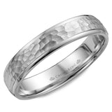 A white gold wedding band with a hammered center.