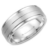 A white gold wedding band with a sandblast center.