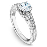 A Noam Carver engraved white gold engagement ring with 18 round diamonds on a band. 