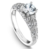 A Noam Carver white gold engagement ring with milgrain detailing and 44 round diamonds on a band.