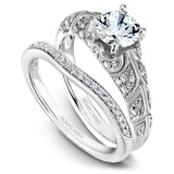 A Noam Carver white gold engagement ring with milgrain detailing and 44 round diamonds on a band.