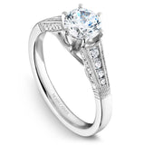 A Noam Carver white gold engagement ring with milgrain detailing and 28 round diamonds on a band.