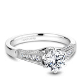 A Noam Carver white gold engagement ring with milgrain detailing and 28 round diamonds on a band.