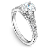 A Noam Carver white gold engagement ring with a round centerpiece and 46 round diamonds on a band.