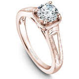 A Noam Carver engraved rose gold engagement ring with a round centerpiece.