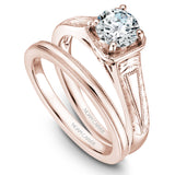 A Noam Carver engraved rose gold engagement ring with a round centerpiece.