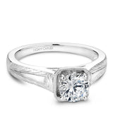 A Noam Carver engraved white gold engagement ring with a round centerpiece.