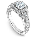 A Noam Carver engraved white gold engagement ring with a cushion halo and 44 diamonds.