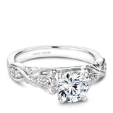 A Noam Carver engraved white gold engagement ring with a detailed band and 8 diamonds.