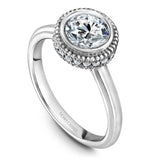 A Noam Carver white gold engagement ring with 20 diamonds and milgrain detailing.