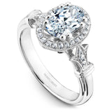 A Noam Carver white gold engagement ring with rose gold floral accents on a setting, an oval cut center stone & 30 diamonds.