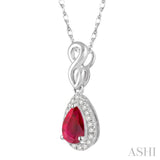 6x4 MM Pear Shape Ruby and 1/10 Ctw Round Cut Diamond Pendant in 14K White Gold with Chain