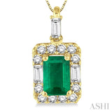 6x4 MM Octagon Cut Emerald and 1/3 Ctw Round Cut Diamond Precious Pendant in 14K Yellow Gold with Chain