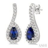 5x3 MM Hanging Arm Pear Cut Sapphire and 1/6 Ctw Round Cut Diamond Precious Earrings in 10K White Gold