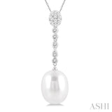 12x10 MM Cultured Pearl and 1/5 Ctw Hanging Round Cut Diamond Drop Lovebright Pendant With Chain in 14K White Gold