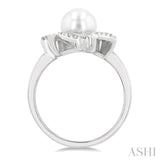 7x7 MM Round Shape Cultured Pearl and 1/50 Ctw Swirl Round Cut Diamond Ring in Sterling Silver
