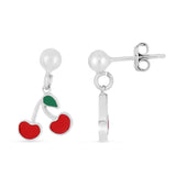 Silver with Rhodium Finish Polished Drop Cherries Earring with Push Back Clasp