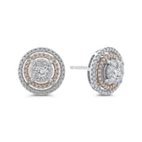 Round Diamond Double Halo Stud Earrings in 14K Two Tone Gold
