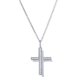 Platinum finish sterling silver micropave shadow cross pendant with simulated diamonds on 18 chain