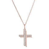 Rose gold finish sterling silver micropave shadow cross pendant with simulated diamonds on 18 chain