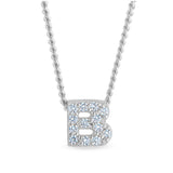 Platinum finish sterling silver micropave b initial pendant with simulated diamonds on 18 curb chain