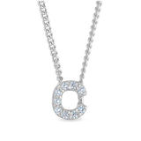 Platinum finish sterling silver micropave c initial pendant with simulated diamonds on 18 curb chain