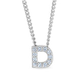 Platinum finish sterling silver micropave d initial pendant with simulated diamonds on 18 curb chain