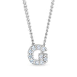Platinum finish sterling silver micropave g initial pendant with simulated diamonds on 18 curb chain