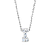 Platinum finish sterling silver micropave i initial pendant with simulated diamonds on 18 curb chain