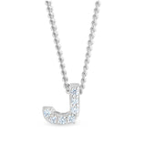Platinum finish sterling silver micropave j initial pendant with simulated diamonds on 18 curb chain
