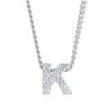 Platinum finish sterling silver micropave k initial pendant with simulated diamonds on 18 curb chain