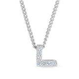 Platinum finish sterling silver micropave l initial pendant with simulated diamonds on 18 curb chain
