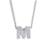 Platinum finish sterling silver micropave m initial pendant with simulated diamonds on 18 curb chain