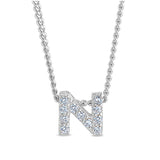 Platinum finish sterling silver micropave n initial pendant with simulated diamonds on 18 curb chain