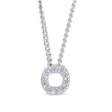 Platinum finish sterling silver micropave o initial pendant with simulated diamonds on 18 curb chain