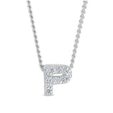 Platinum finish sterling silver micropave p initial pendant with simulated diamonds on 18 curb chain