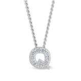 Platinum finish sterling silver micropave q initial pendant with simulated diamonds on 18 curb chain