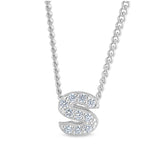 Platinum finish sterling silver micropave s initial pendant with simulated diamonds on 18 curb chain