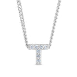 Platinum finish sterling silver micropave t initial pendant with simulated diamonds on 18 curb chain